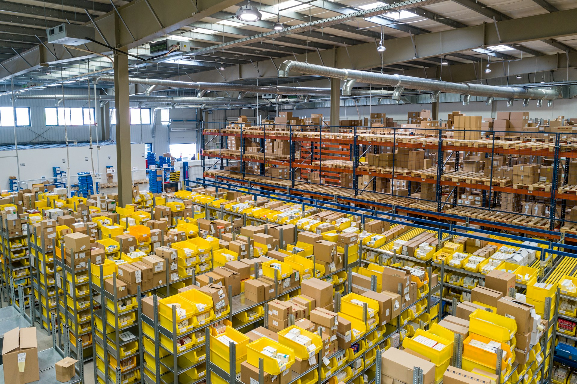 Warehouse shelving with cartons ready for dispatch